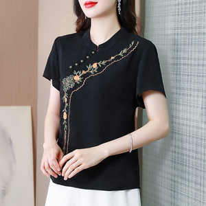 中式国风复古绣花短袖衬衫女装夏季新款气质旗袍立领中年妈妈上衣