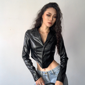 klalien 设计感拽酷pu短款露脐皮衣暗黑系辣妹翻领单排扣小外套女