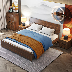 青岛一木胡桃木床1.8全实木双人床 现代新中式主卧床高箱体储物床