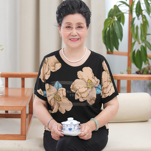 夏季大码胖妈妈女装弹力t恤衫中老年人奶奶加肥短袖烫钻印花上衣