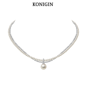 Konigin双层缠绕碎银子项链女925纯银珍珠吊坠锁骨链配饰品颈链