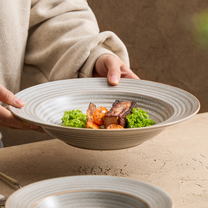 优格窑变茶色螺纹草帽盘西餐厅意面盘子商用深盘高级感餐具沙拉碗