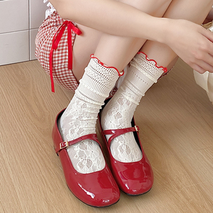 红色木耳花边堆堆袜子女中筒袜夏季薄款镂空蕾丝日系甜美小腿长袜