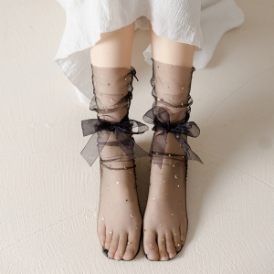 星星月亮网纱堆堆袜女系带蝴蝶结夏季超薄款蕾丝袜子女中筒袜网袜