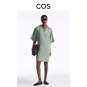 COS女装 2024夏季休闲版型开领短袖亚麻衬衫连衣裙灰绿1227041001