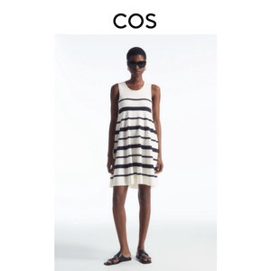 COS女装 2024夏季标准版型A字条纹无袖针织连衣裙白色1225213001