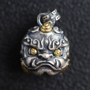 s925纯银文玩醒狮吊坠侧挂小提溜银饰菩提柏香籽念珠藏式配饰吊饰