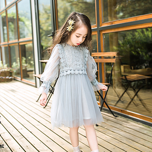 2018春夏女童儿童裙子仿珍珠蕾丝镂空长袖连衣裙小仙女公主裙包邮