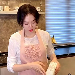 姜妍粉色同款时尚荷叶边围裙防水耐脏厨房烘焙家用美甲挂脖工作服