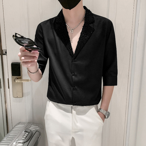 发型师衬衫男深v领性感帅气潮流修身设计高级感衬衣韩版半袖上衣