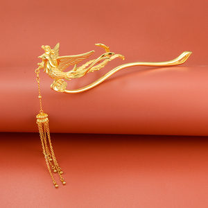 纯银镀黄金凤凰发簪子女流苏复古民族风汉服头饰钗步摇结婚嫁礼物