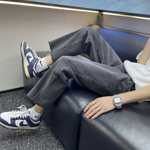 配aj的裤子男毛边高级丝滑垂感牛仔裤夏季oversize直筒九分老爹裤