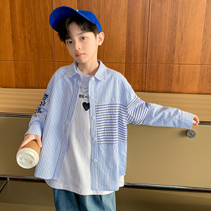 百搭小衬衫 儿童条纹衬衫男童春装长袖8中大童帅气叠穿外套13岁棉