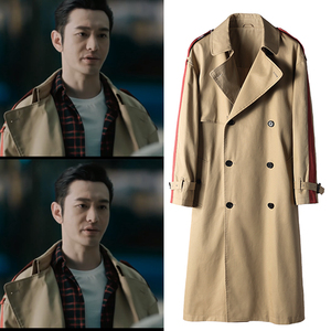 紧急公关黄晓明林中硕同款卡其色风衣拼接拼色红条纹大衣外套宽松