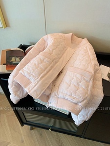 浅粉色方格立领拉链棉服棉衣女冬季2024新款韩版休闲宽松保暖外套