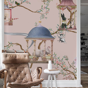 美式插画墙纸大象创意壁纸个性无缝壁画卧室背景墙布无纺壁布