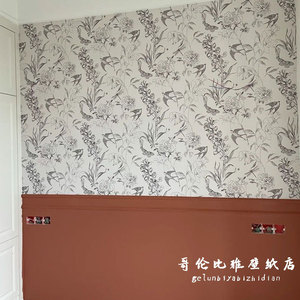 北欧现代简约美式壁纸燕子卧室餐厅墙纸3d手绘黑白小碎花民宿墙布