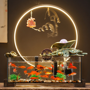 中式景观水循环转运生财玻璃鱼缸招财流水摆件办公室桌面开业礼品