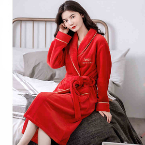 红色睡袍女冬珊瑚绒加厚加绒新婚本命年法兰绒长款浴袍睡衣秋冬款
