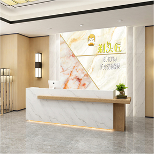 美发理发店吧台仿大理石背景墙纸logo酒店宾馆前台收银壁画3d立体