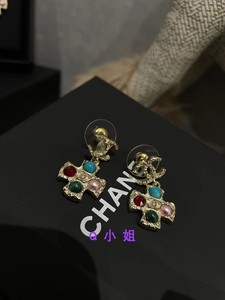 【Q小姐正品】CHANEL/香奈儿 22S香槟金十字彩色珍珠吊坠耳钉小号