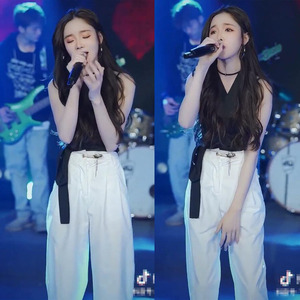 戴羽彤抖音同款黑色系带修身设计感衬衫白色工装休闲裤长裤春季潮