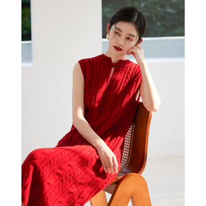 思诺芙德羊绒连衣裙女中式红色圆领无袖加厚长裙新年针织毛衣裙