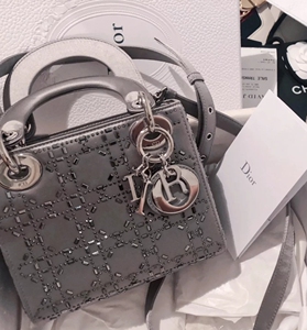dior迪奥灰色满天星缎面镶钻迷你戴妃包mini lady dior