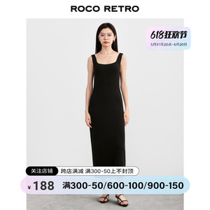 ROCO复古方领黑色显瘦连衣裙女夏季裙子30支冰丝无袖高弹修身长裙