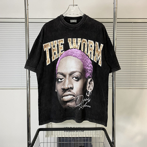 欧美高街罗德曼人像复古水洗做旧圆领短袖vibe风嘻哈摇滚潮牌t恤