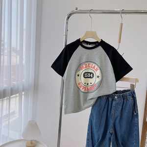 嗨大e小e童装2022夏款男女童插肩袖圆形字母印花短袖t恤纯棉3797