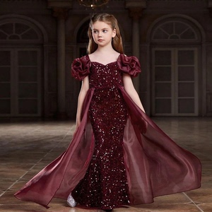 2024新款女童钢琴演出服洋气红色公主裙高端时尚模特婚礼伴娘礼服