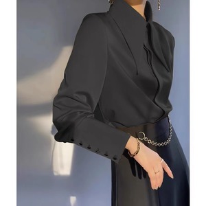 大尖领黑色缎面衬衫女春设计感小众宽松时尚洋气高级感气质上衣