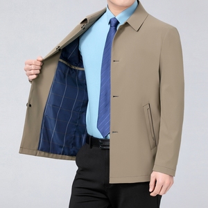 政府官员桑蚕丝夹克男装春秋薄款中年爸爸免烫翻领风衣男休闲外套