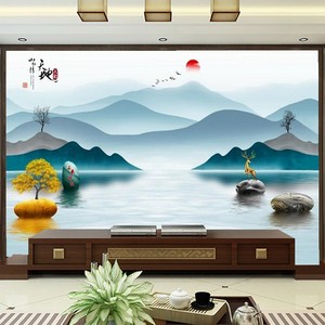 新中式山水风景画墙纸客厅沙发电视背景墙壁纸8D大气意境壁画墙布