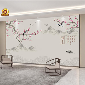 8D新中式山水花鸟壁纸客厅沙发电视背景墙纸卧室影视墙布装饰壁画