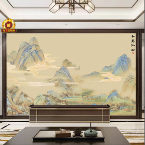 8D新中式千里江山壁画客厅沙发电视背景墙纸水墨山水酒店包房墙布