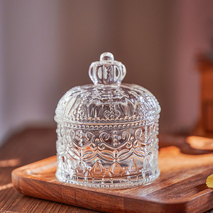 皇冠浮雕创意玻璃罐水晶复古咖啡玻璃糖果罐盅带盖首饰棉签储物罐