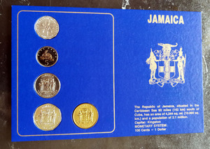 牙买加◆1991-93年流通硬币5枚套卡册含异形币◆全新原光未流通