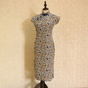 日常旗袍 复古文艺 高领盖肩小连袖手工盘扣改良真丝旗袍 hy0027