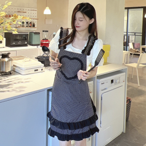 姜妍围裙明星同款家用厨房时尚新款防水防污爱心田园黑波点工作服