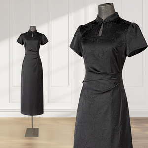 新中式黑色连衣裙女夏季中国风改良旗袍礼服裙日常可穿提花小黑裙