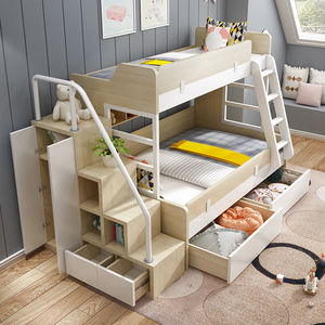 儿童木床上下铺双层床带衣柜