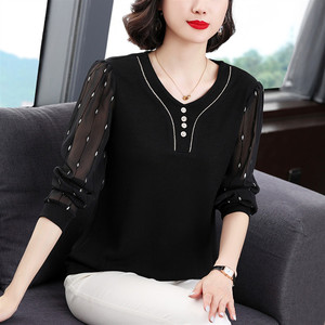 中年妈妈春秋装上衣洋气长袖t恤女士时尚洋气薄款夏装小衫打底衫