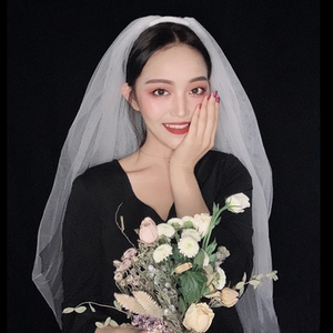头纱新娘头饰超仙黑白色森系纱网红拍照道具婚纱女简约网红抖音短