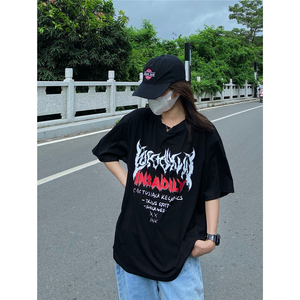 晚风晚晚 暗黑盐系少女 嘻哈潮人印花酷帅夏季黑色短袖t恤上衣潮