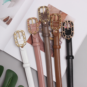 时尚潮铜色锁链针扣牛皮腰带女搭配牛仔裤裙子真皮压线边束腰皮带