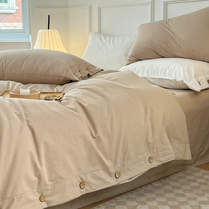 日式水洗棉四件套全棉纯棉超柔裸睡床单被套学生纯色简约床上用品