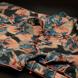 古醒新品石兰疏影 提花绢纺香云纱波浪领古法修身旗袍gx986-3-130