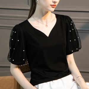 黑色设计感桃心领短袖T恤女2024新款高级感纯棉泡泡袖体恤衫上衣